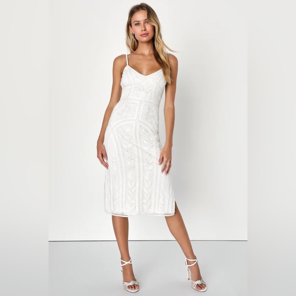 Lulu's Alluring Interest White Sequin Embroidered Sleeveless Midi Dress